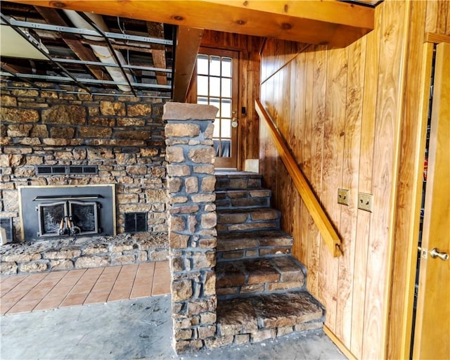 315 N Letitia Ave, Fayetteville, AR 72701 - stairs with a fireplace and wood walls