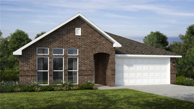 view of front of home with concrete driveway, a garage, brick siding, and a front yard