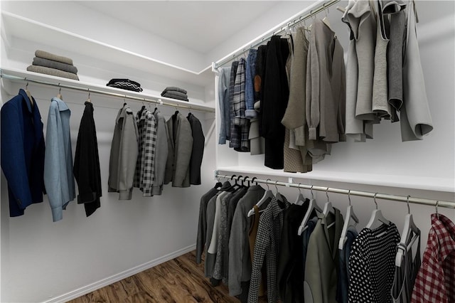 walk in closet with wood finished floors