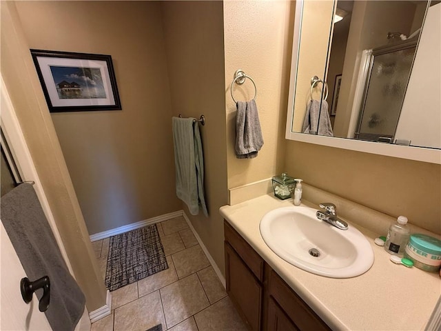 6297/6299 W Milliken Bnd, Fayetteville, AR 72704 - bathroom featuring a stall shower, vanity, baseboards, and tile patterned flooring