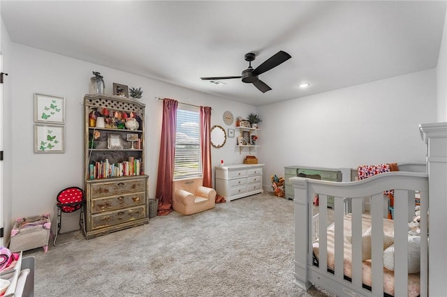142 N Sheep Dog Ave, Farmington, AR 72730 - carpeted bedroom featuring a crib, visible vents, a ceiling fan, and recessed lighting