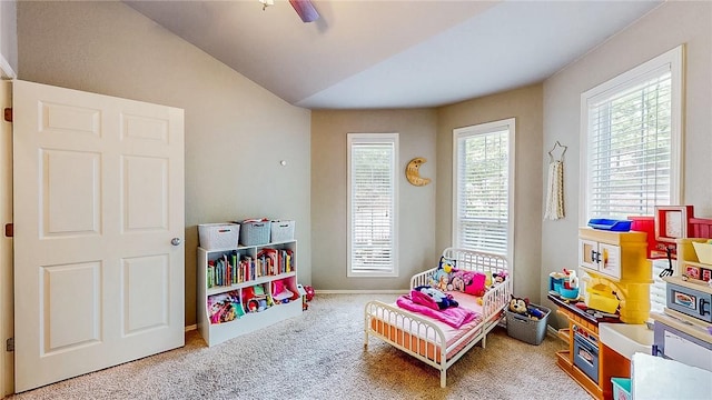 2341 N Fox Trl, Fayetteville, AR 72703 - bedroom with vaulted ceiling, ceiling fan, carpet, and multiple windows