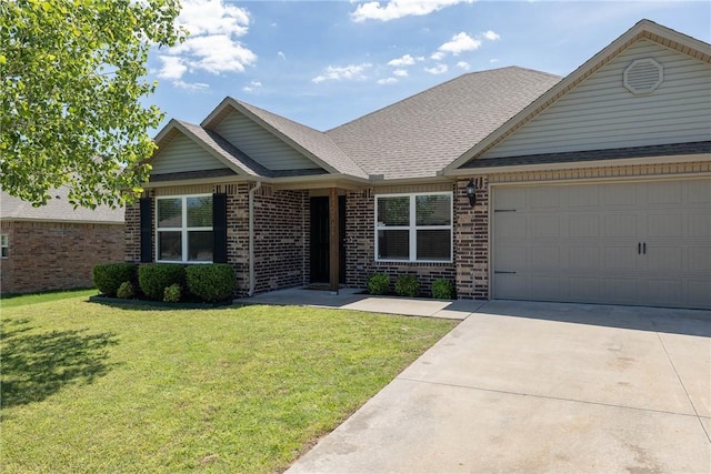 2300 Double Bogey Ln, Farmington, AR 72730 - view of front of property featuring brick siding, an attached garage, concrete driveway, a front yard, and roof with shingles