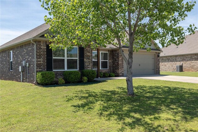 2300 Double Bogey Ln, Farmington, AR 72730 - obstructed view of property with driveway, brick siding, a garage, central air condition unit, and a front lawn