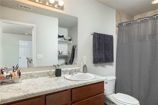 2300 Double Bogey Ln, Farmington, AR 72730 - bathroom featuring toilet, a shower with curtain, vanity, and visible vents