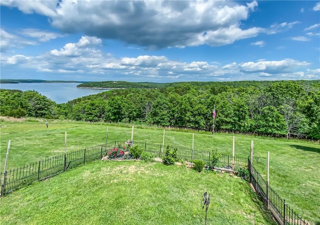 view of yard with a fenced backyard, a water view, and a view of trees