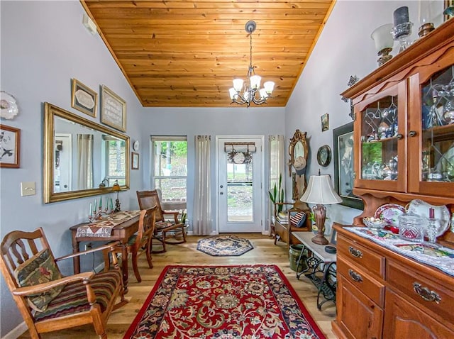 sitting room with vaulted ceiling, a chandelier, and wood ceiling