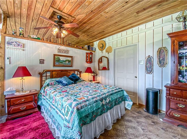 bedroom featuring wood walls and wooden ceiling