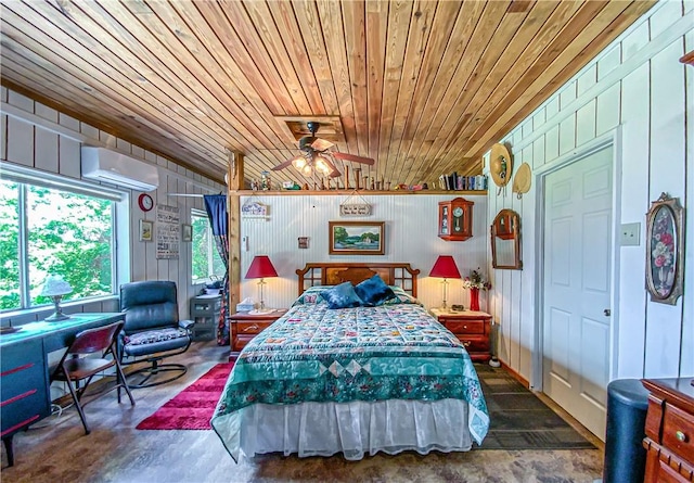 bedroom featuring wooden walls, a wall mounted AC, and wood ceiling