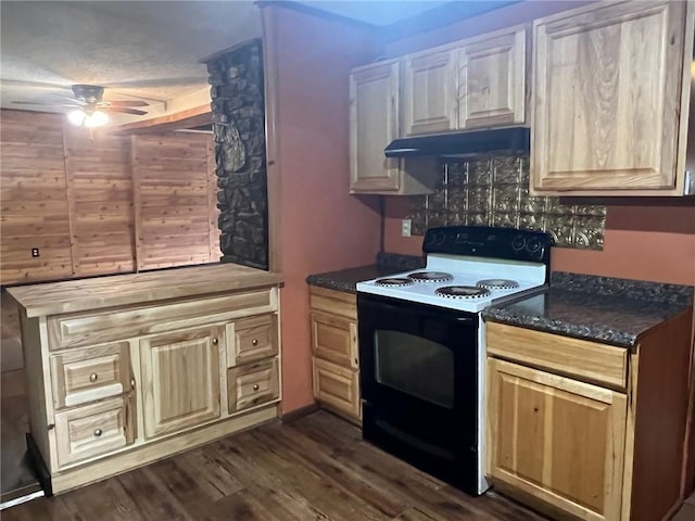 kitchen featuring under cabinet range hood, dark wood-type flooring, range with electric stovetop, and ceiling fan