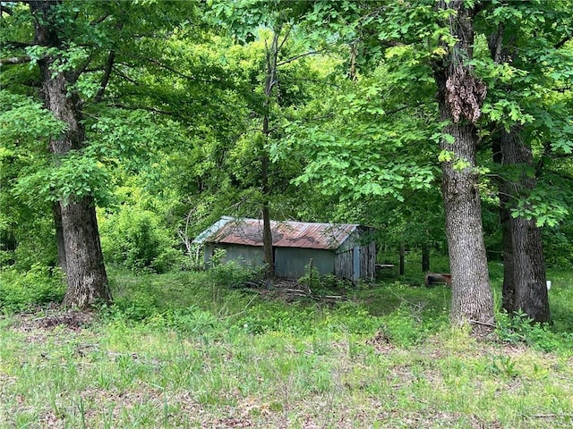 view of yard featuring a forest view