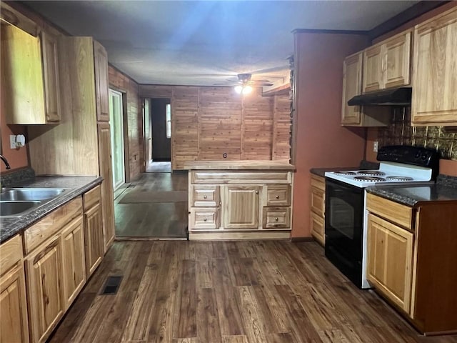 kitchen with a sink, visible vents, under cabinet range hood, electric range oven, and dark countertops