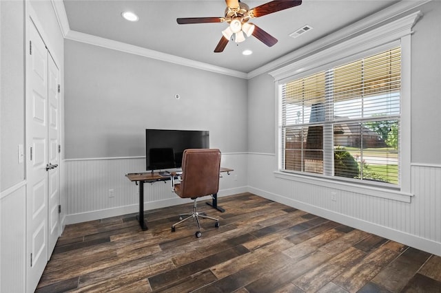 252 Forza Ln, Tontitown, AR 72762 - home office featuring a ceiling fan, hardwood / wood-style floors, visible vents, wainscoting, and ornamental molding
