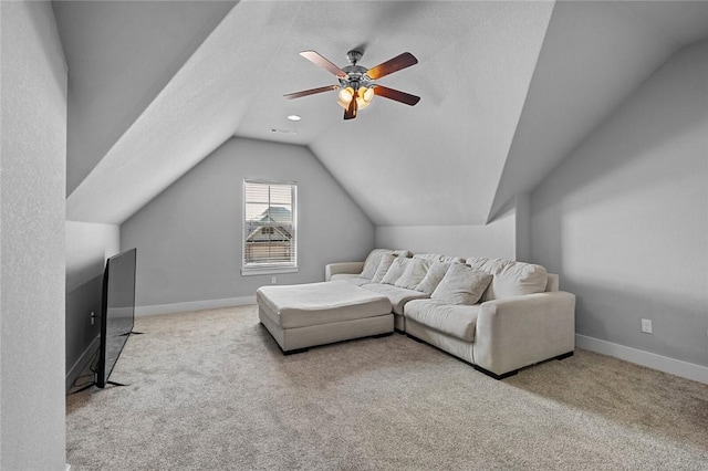 252 Forza Ln, Tontitown, AR 72762 - living room featuring ceiling fan, lofted ceiling, carpet, and baseboards