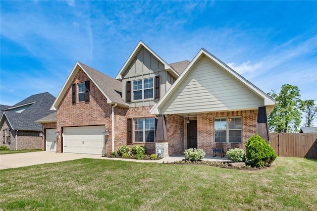 252 Forza Ln, Tontitown, AR 72762 - craftsman-style house featuring fence, concrete driveway, brick siding, and board and batten siding