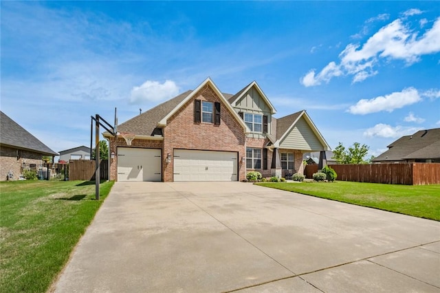252 Forza Ln, Tontitown, AR 72762 - view of front of house featuring a garage, fence, a front lawn, brick siding, and driveway