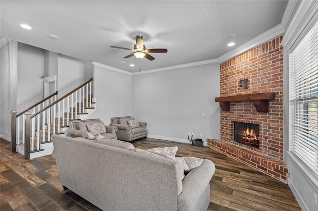 252 Forza Ln, Tontitown, AR 72762 - living room featuring stairway, a fireplace, a ceiling fan, and recessed lighting