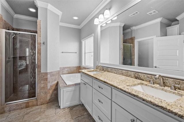 252 Forza Ln, Tontitown, AR 72762 - bathroom featuring a stall shower, ornamental molding, visible vents, and a sink