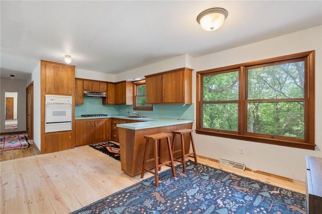 5 College St, Eureka Springs, AR 72632 - kitchen featuring white oven, under cabinet range hood, a warming drawer, brown cabinetry, and light wood finished floors