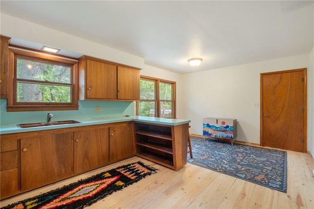 5 College St, Eureka Springs, AR 72632 - kitchen featuring light wood-style flooring, brown cabinetry, light countertops, and a sink
