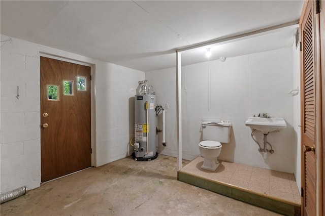 5 College St, Eureka Springs, AR 72632 - basement featuring gas water heater, concrete block wall, and a sink