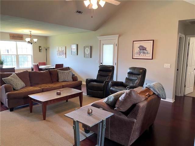 814 Irelan St, Lowell, AR 72745 - living area with visible vents, baseboards, ceiling fan with notable chandelier, and lofted ceiling