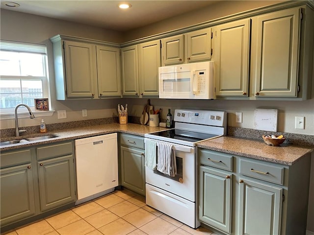 814 Irelan St, Lowell, AR 72745 - kitchen featuring a sink, white appliances, light tile patterned flooring, recessed lighting, and gray cabinetry