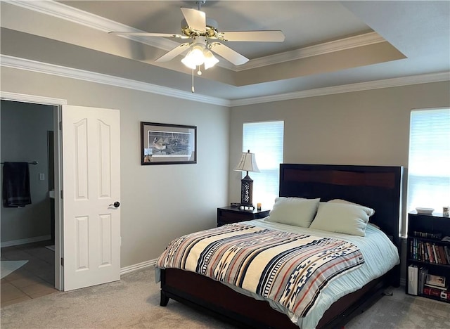 814 Irelan St, Lowell, AR 72745 - bedroom featuring a ceiling fan, a tray ceiling, crown molding, and carpet