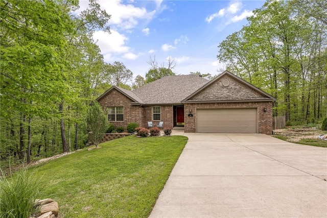 8 Eddy Ln, Bella Vista, AR 72715 - view of front of house featuring a garage, concrete driveway, brick siding, a front yard, and roof with shingles