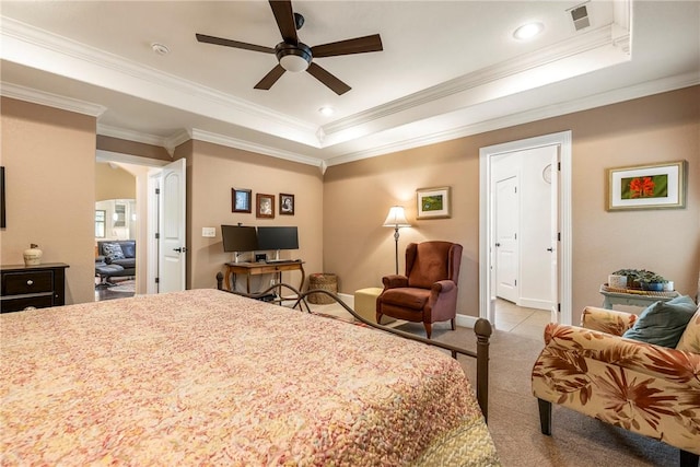 8 Eddy Ln, Bella Vista, AR 72715 - bedroom featuring a raised ceiling, crown molding, a desk, light carpet, and ceiling fan