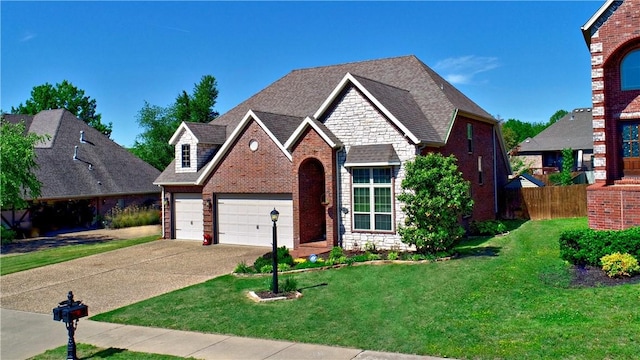 traditional-style home featuring an attached garage, concrete driveway, brick siding, and a front yard