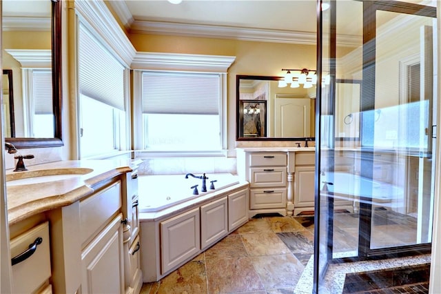 full bathroom with a tub with jets, ornamental molding, two vanities, and a shower stall