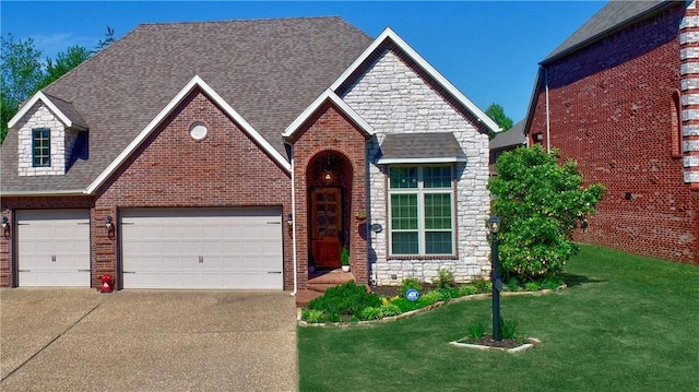 view of front of house featuring an attached garage, stone siding, brick siding, concrete driveway, and a front lawn