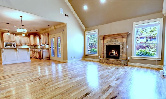 unfurnished living room with crown molding, light wood-style floors, baseboards, and a fireplace