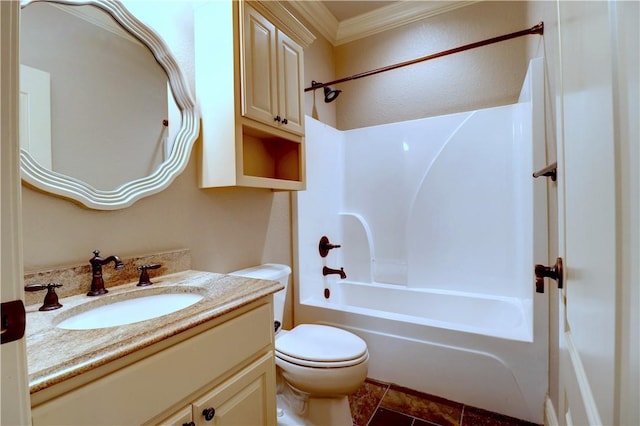 bathroom featuring toilet, ornamental molding, tile patterned floors, vanity, and washtub / shower combination