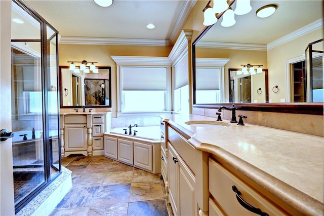bathroom featuring a garden tub, a sink, a notable chandelier, a shower stall, and ornamental molding