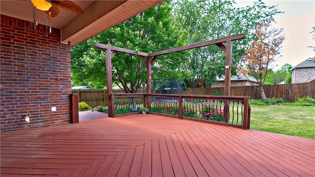 wooden deck featuring a ceiling fan, a fenced backyard, and a lawn
