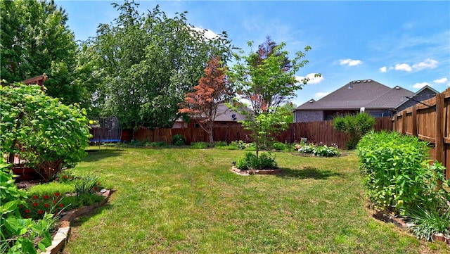view of yard featuring a trampoline and a fenced backyard