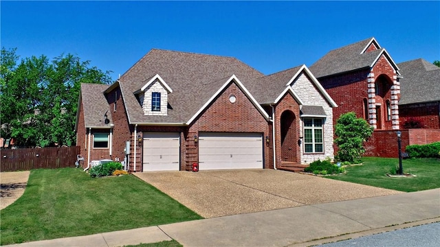 traditional-style home featuring concrete driveway, brick siding, fence, and a front lawn