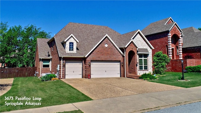 traditional-style home featuring driveway, brick siding, a front yard, and fence