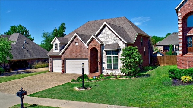 traditional home featuring stone siding, a garage, a front yard, brick siding, and driveway