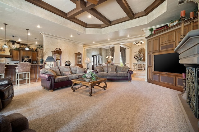 living room featuring coffered ceiling, beam ceiling, a towering ceiling, light carpet, and ornamental molding