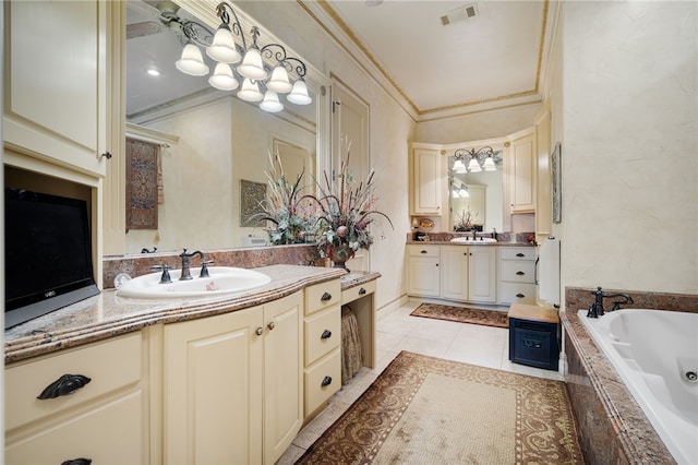 full bath featuring a sink, a tub with jets, tile patterned floors, crown molding, and two vanities