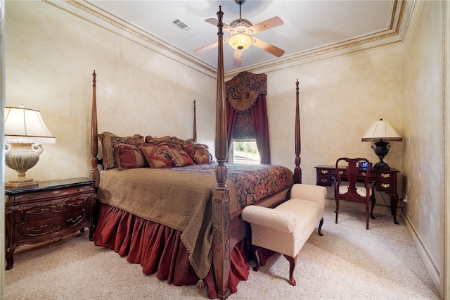 bedroom with a ceiling fan, ornamental molding, visible vents, and light colored carpet