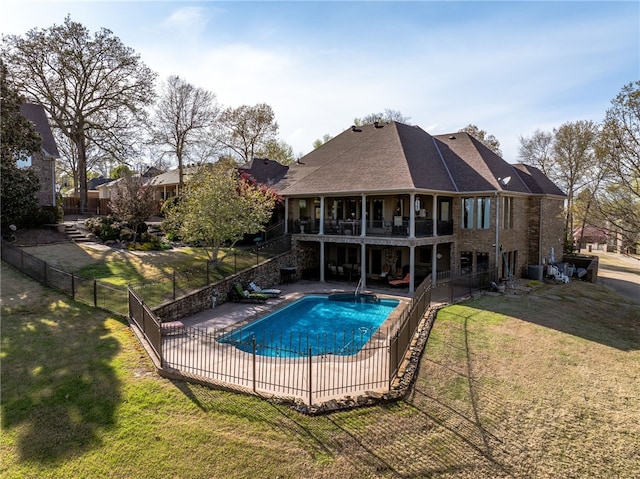 view of swimming pool featuring stairs, a patio, a fenced backyard, a fenced in pool, and a lawn