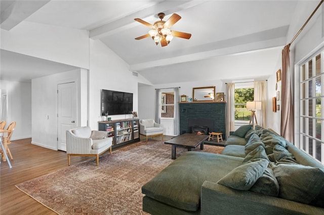 101 Carter Ln, Elkins, AR 72727 - living room with baseboards, a ceiling fan, vaulted ceiling with beams, and wood finished floors