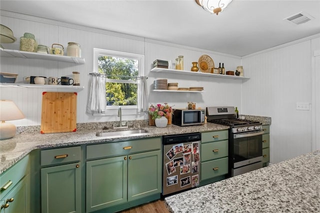 101 Carter Ln, Elkins, AR 72727 - kitchen with open shelves, stainless steel appliances, visible vents, and a sink