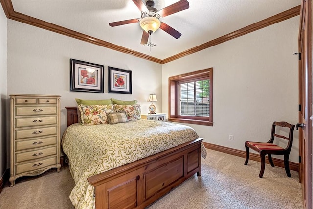 bedroom featuring baseboards, ornamental molding, visible vents, and light colored carpet