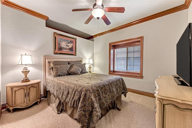bedroom featuring crown molding, light carpet, baseboards, and a ceiling fan