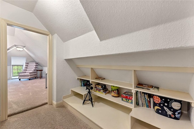interior space with lofted ceiling, a textured ceiling, carpet floors, and a textured wall